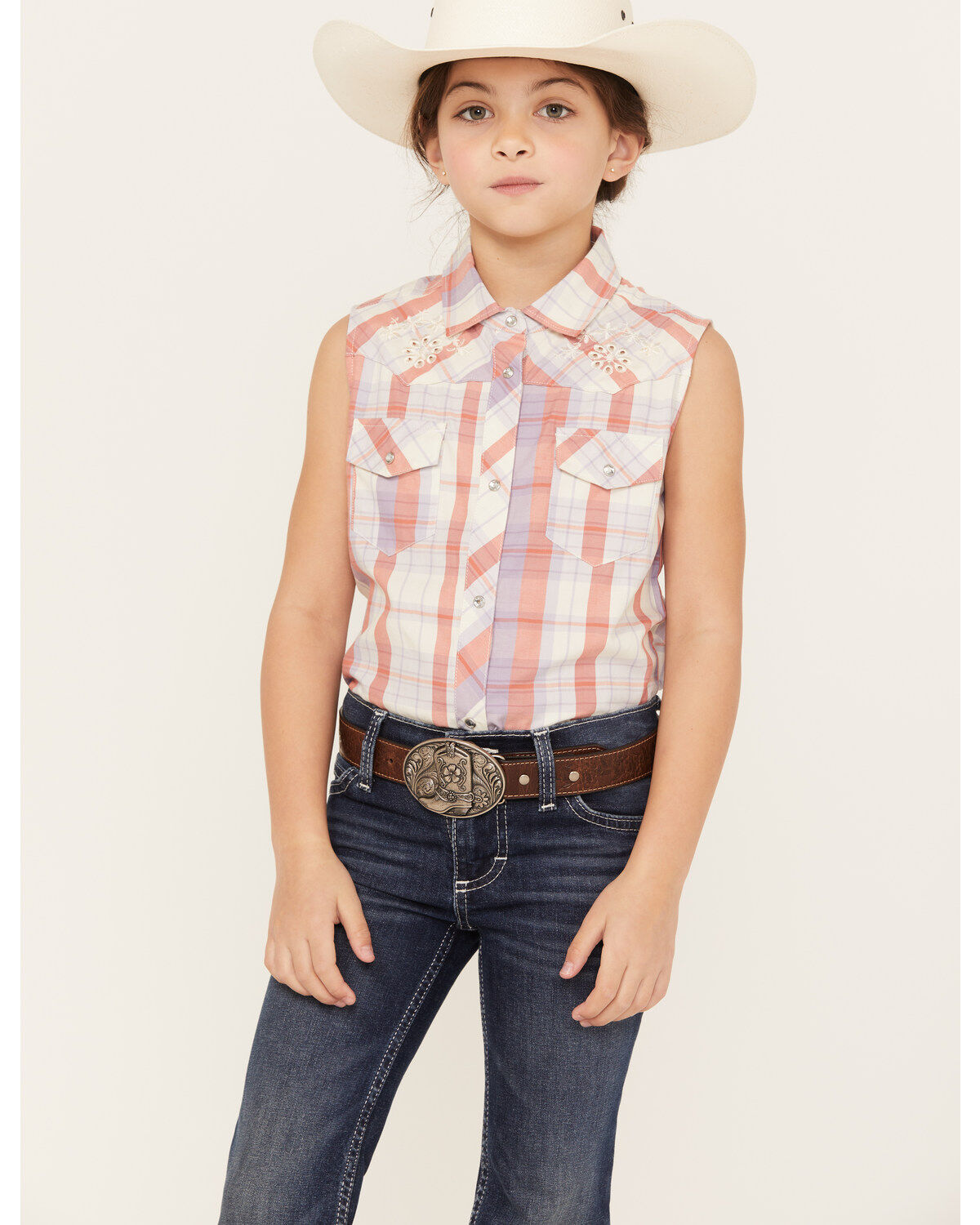Shyanne Girls' Sleeveless Plaid Print Western Pearl Snap Shirt