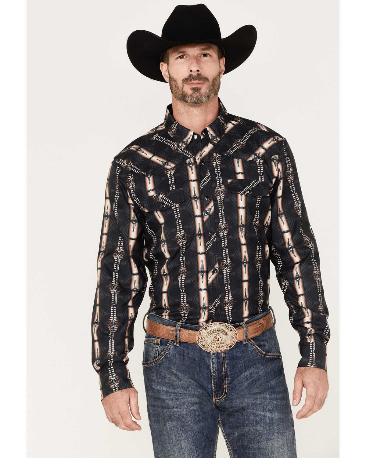 Rock & Roll Denim Men's Tek Southwestern Print Long Sleeve Pearl Snap Western Shirt
