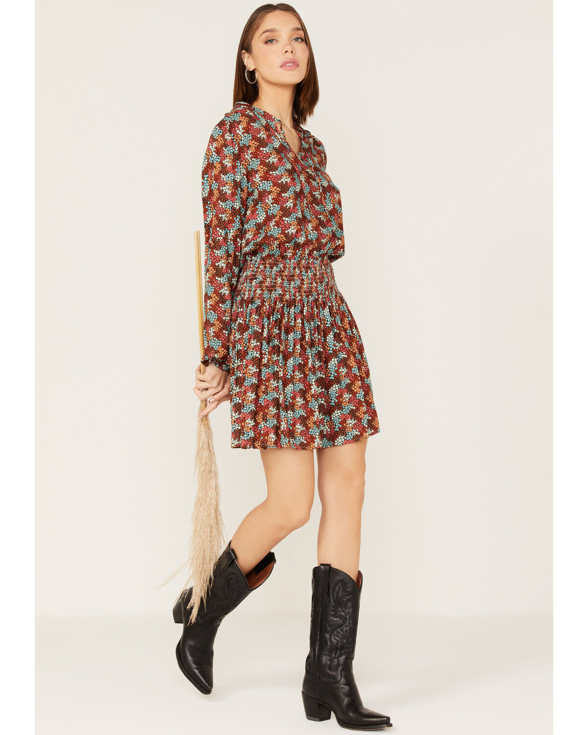 Rock & Roll Denim Women's Ditsy Floral Print Long Sleeve Mini Dress