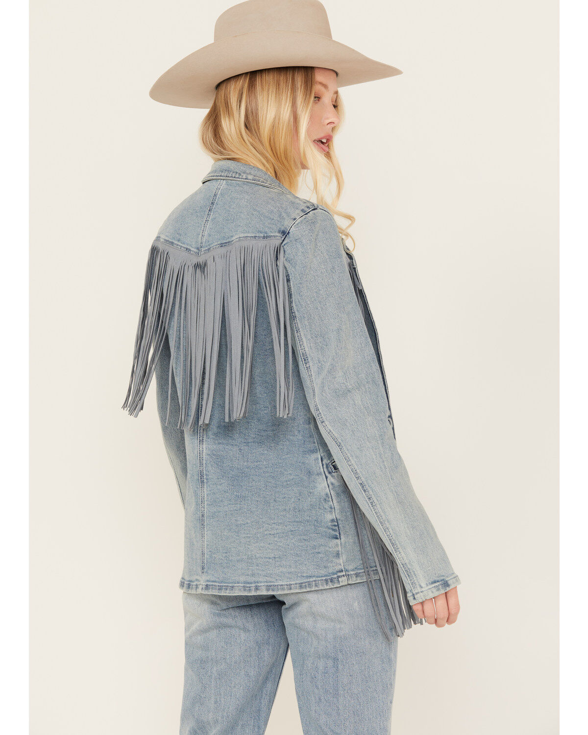Rock & Roll Denim Women's Light Wash Denim Stretch Fringe Blazer