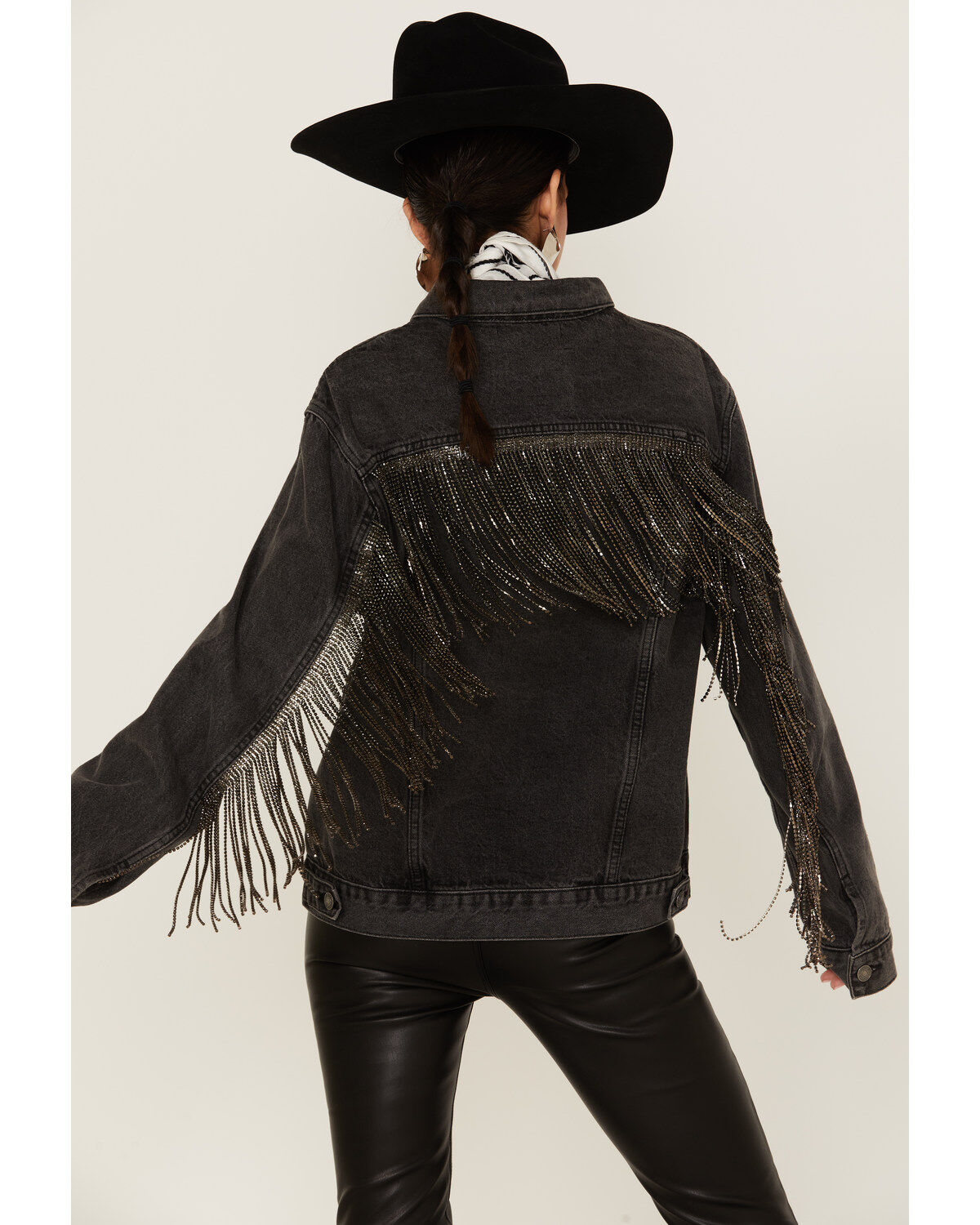 The Andy Jacket by DanielXDiamond: Women's Gray Denim Jacket With Gunmetal Fringe