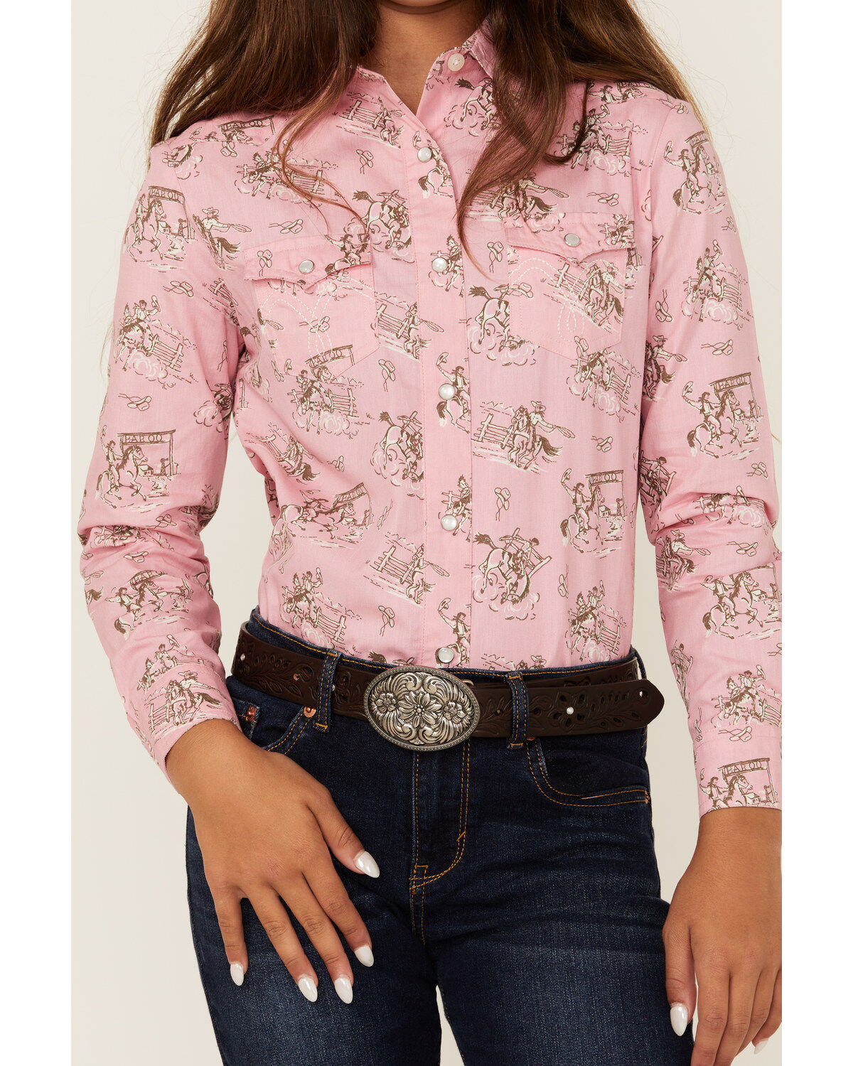 Panhandle Girls' Rodeo Print Long Sleeve Pearl Snap Western Shirt