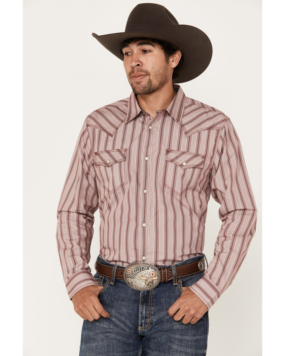 Moonshine Spirit Men's Red Canyon Striped Long Sleeve Pearl Snap Western Shirt
