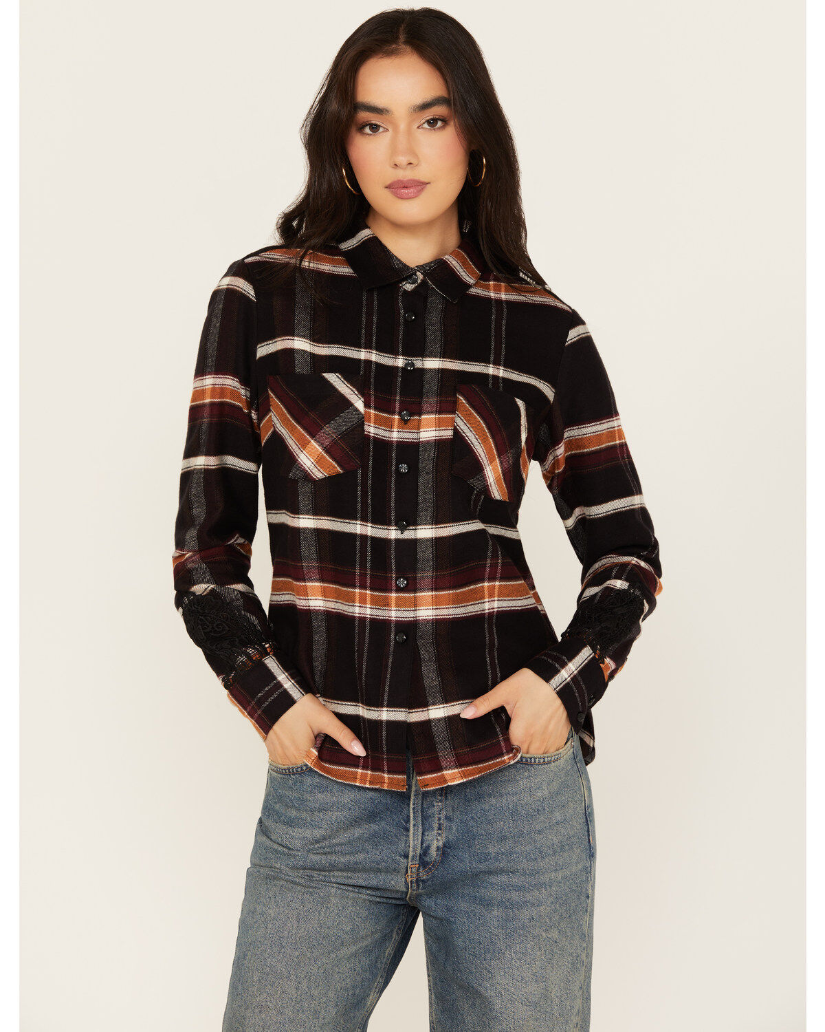 Shyanne Women's Lace Applique Plaid Print Button-Down Flannel Shirt