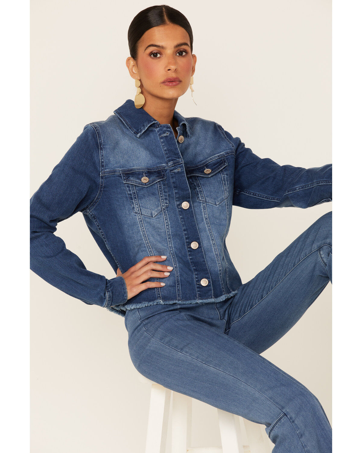 Shyanne Women's Cali Medium Wash Fray Hem Button Down Crop Denim Jacket