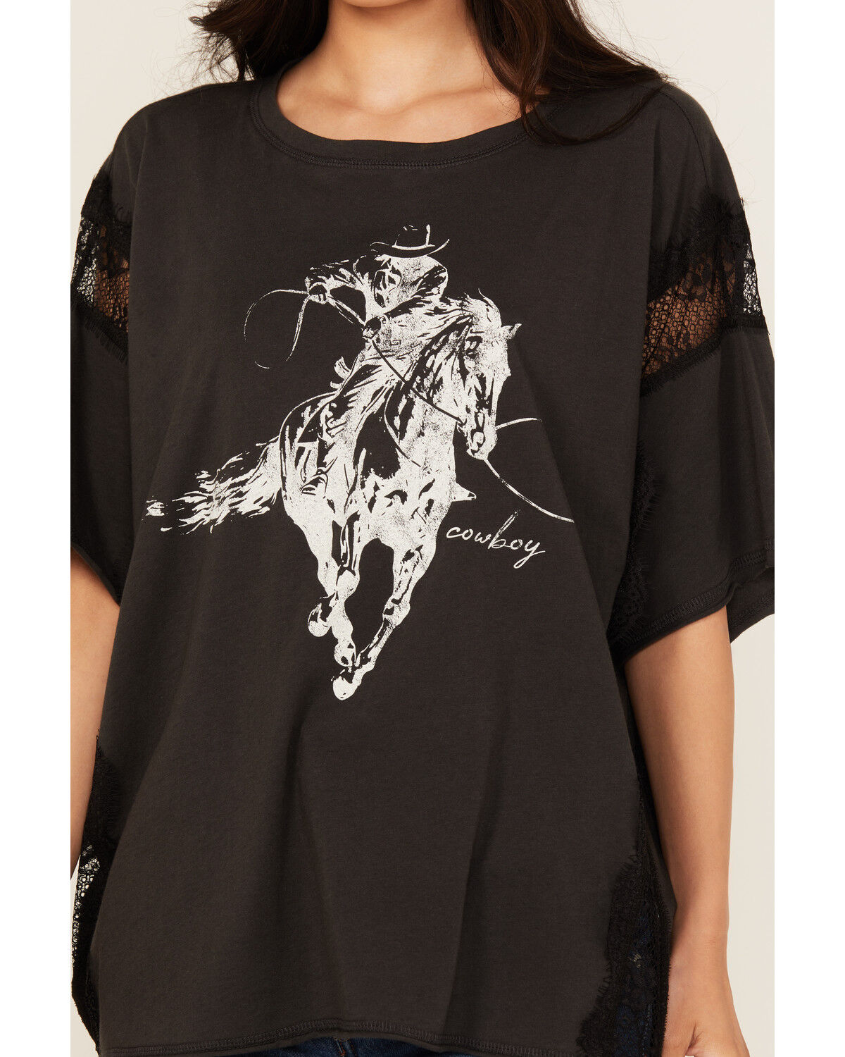Originality Women's Cowboy Lace Short Sleeve Graphic Tee