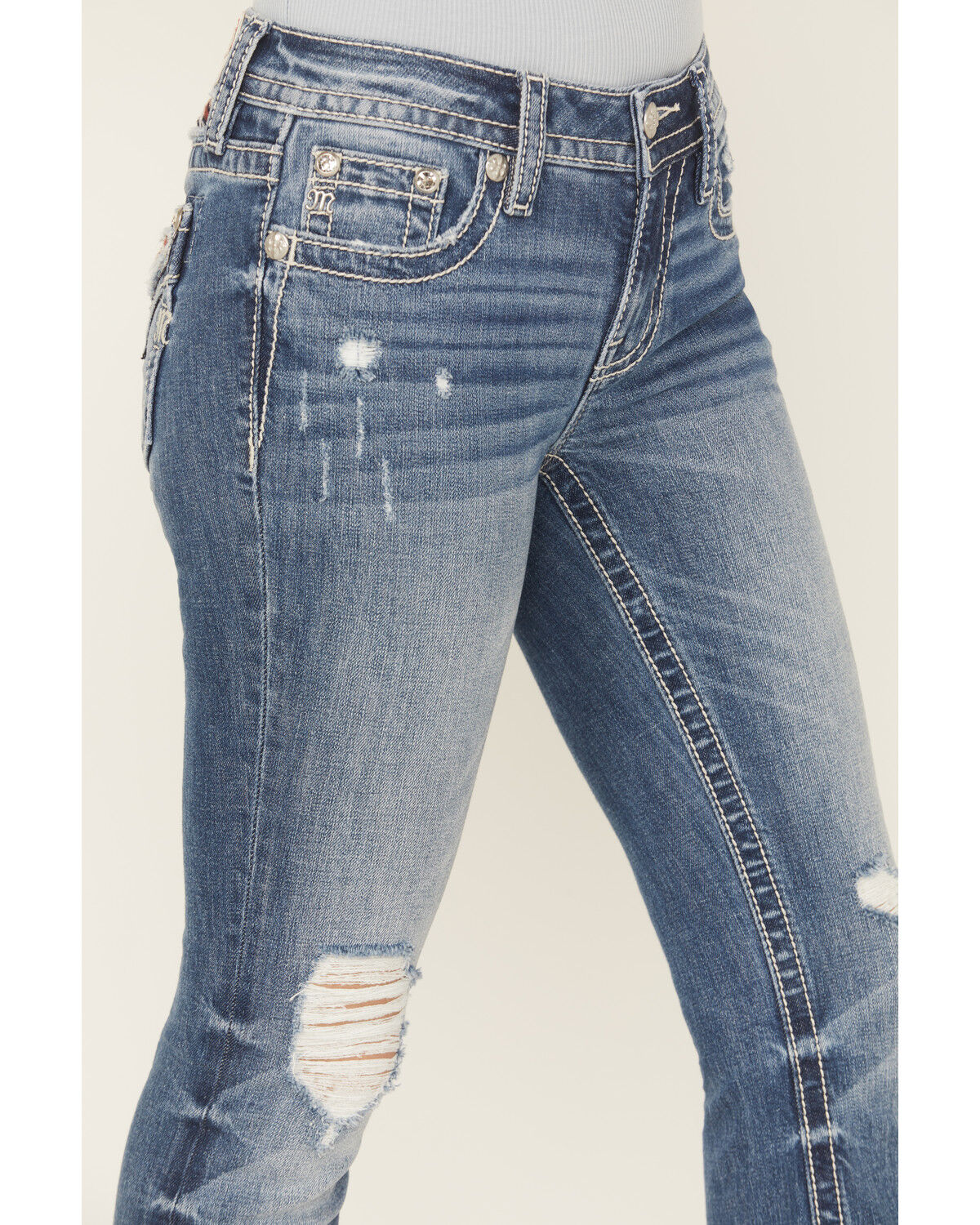 Miss Me Women's Medium Wash Mid Rise Americana Blowout Bootcut Stretch Denim Jeans