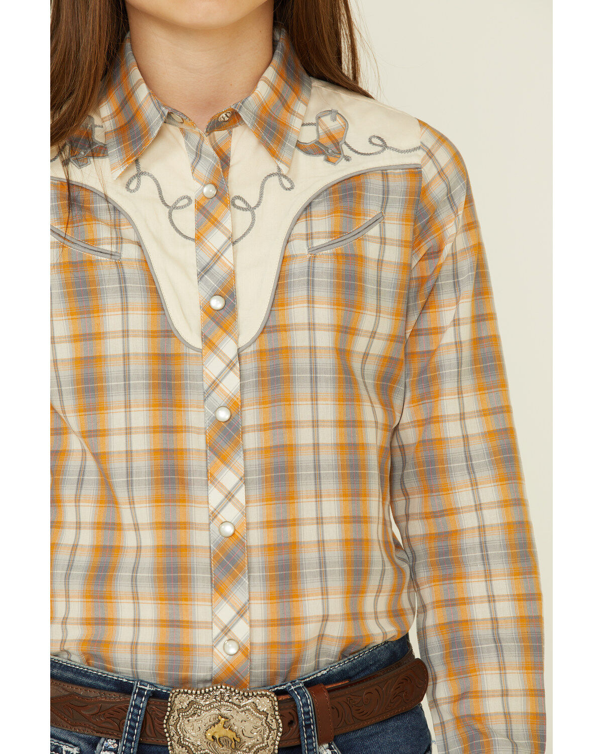 Roper Girls' Plaid Print Fancy Applique Yoke Long Sleeve Pearl Snap Western Shirt