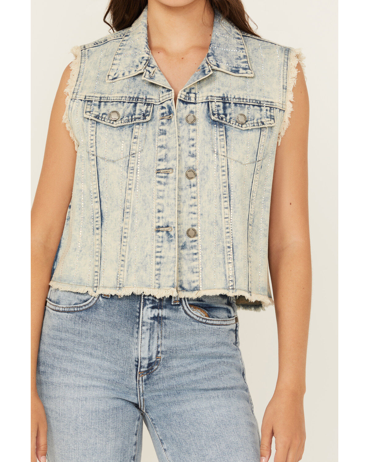 Veveret Women's Light Wash Denim Rhinestone Vest