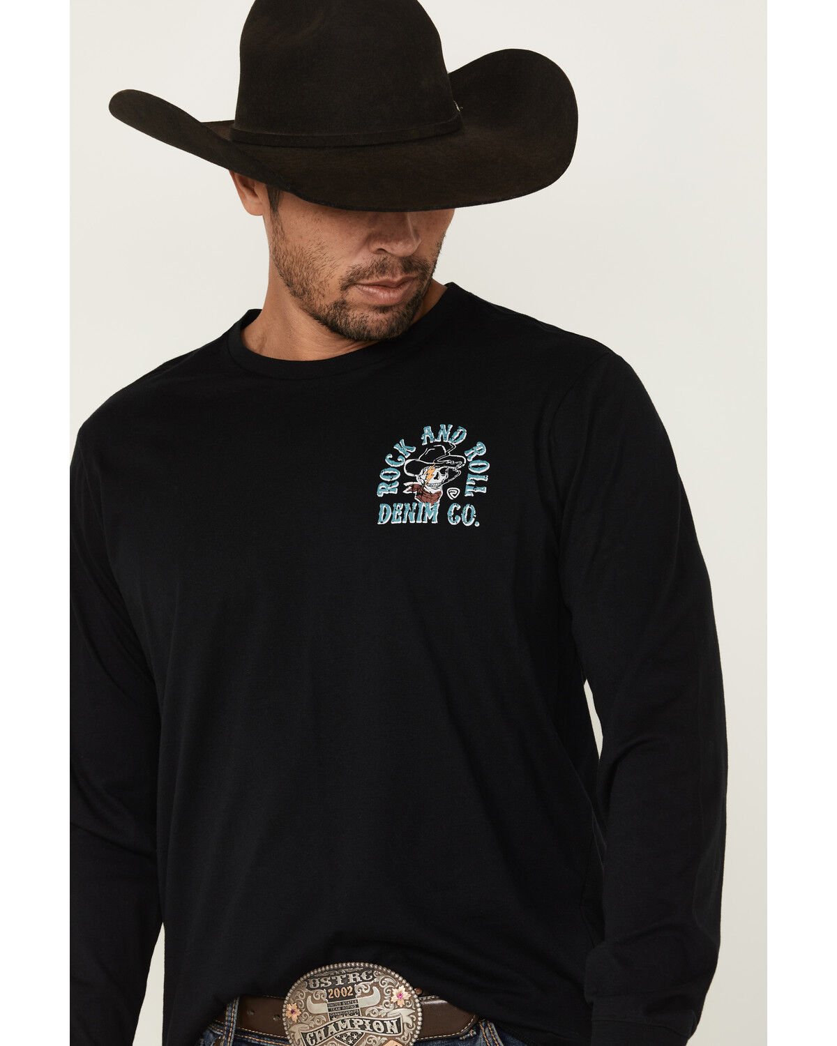 Rock & Roll Denim Men's Cowboy Skull Long Sleeve Graphic T-Shirt
