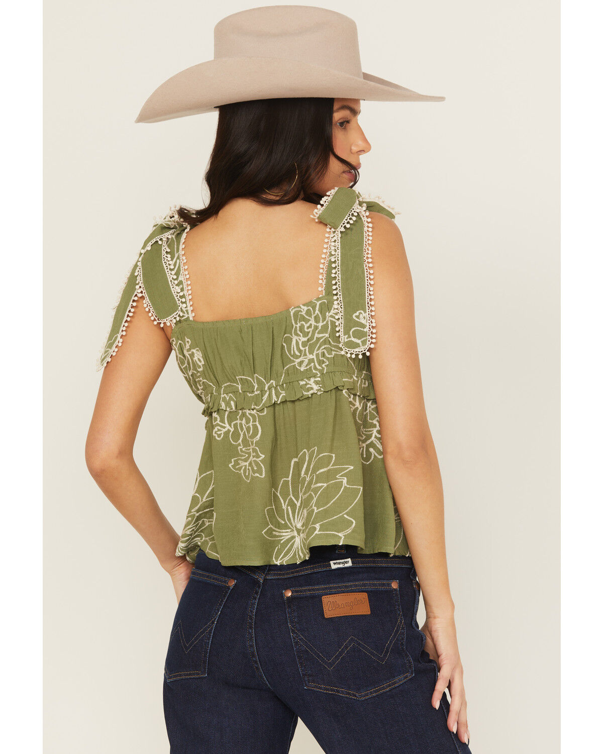 Wild Moss Women's Floral Embroidered Sleeveless Tie Strap Shirt