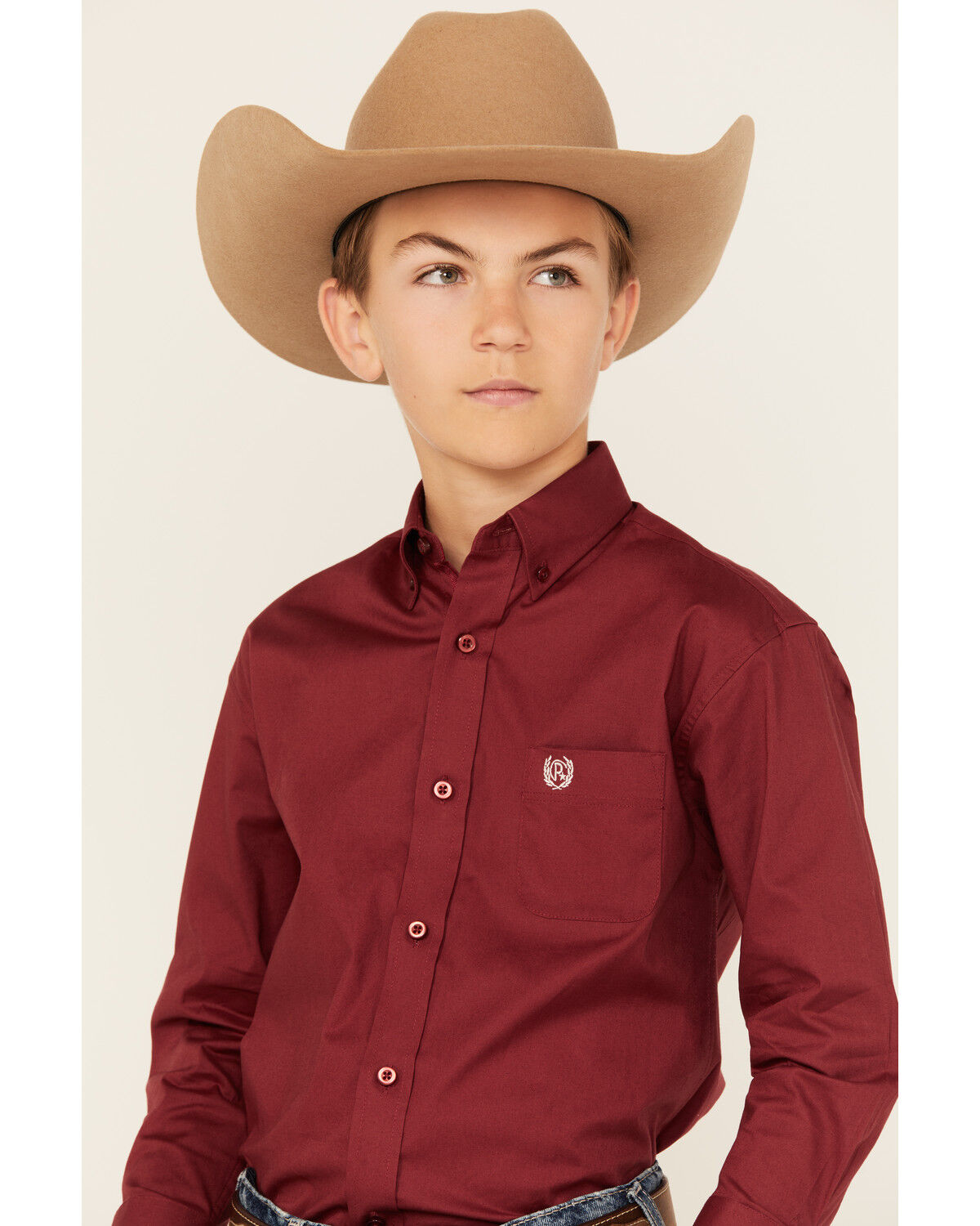 Panhandle Select Boys' Solid Long Sleeve Button-Down Stretch Western Shirt