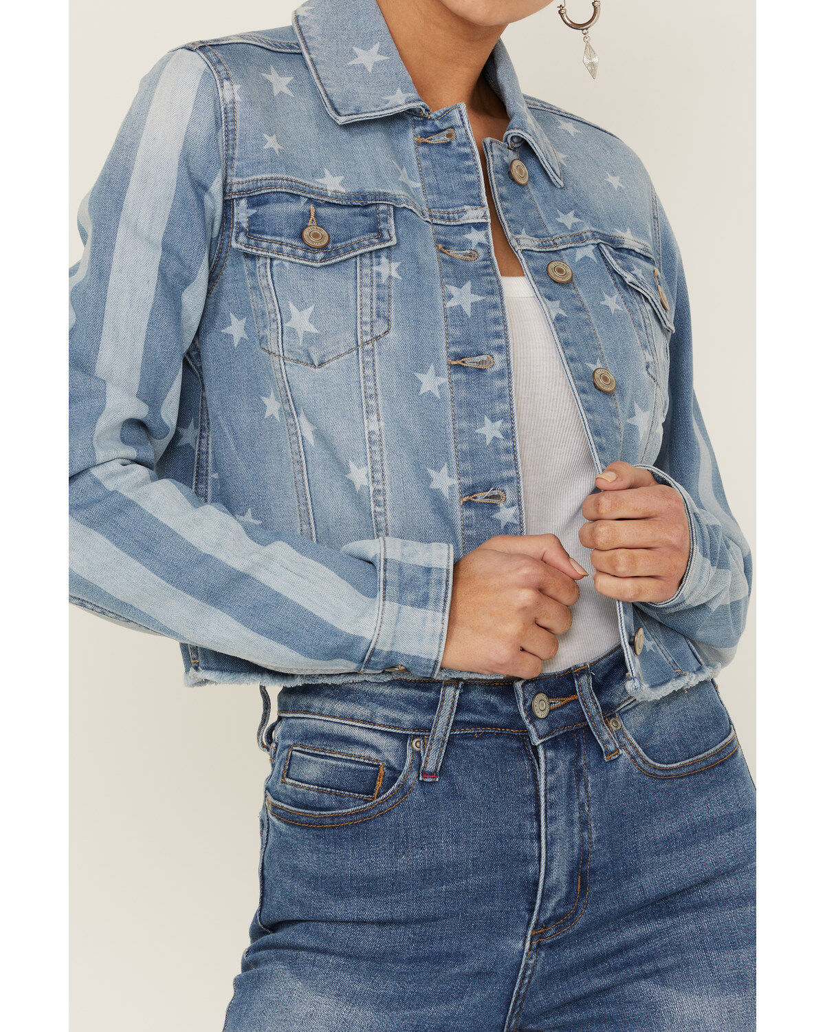 Shyanne Women's Stars & Stripes Print Cropped Frayed Hem Denim Jacket