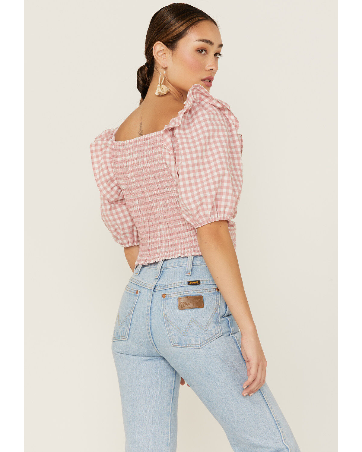 Beyond The Radar Women's Gingham Crop Cinch Detail Top