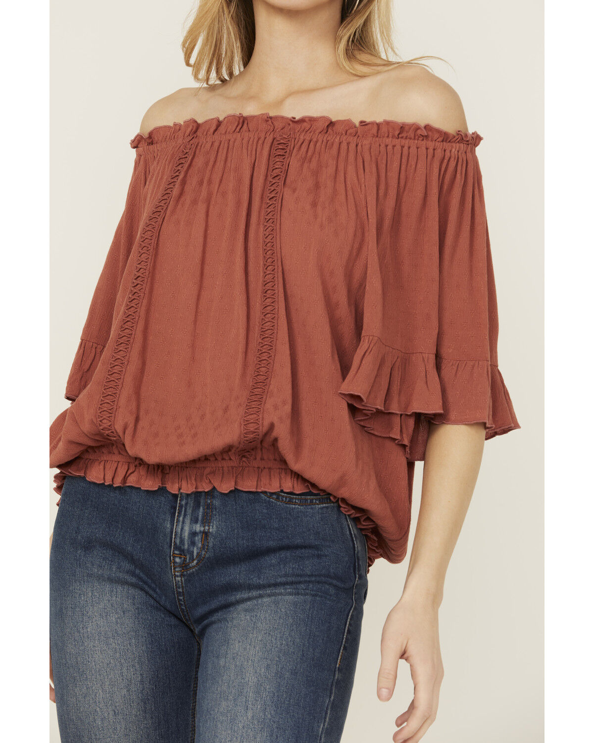 Band Of The Free Women's Solid Short Sleeve Off The Shoulder Blouse
