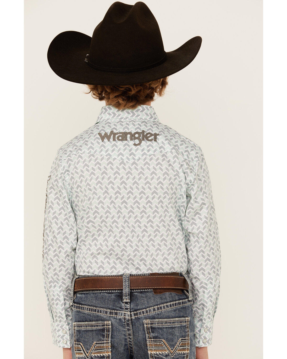 Wrangler Boys' Geo Print Logo Long Sleeve Pearl Snap Western Shirt