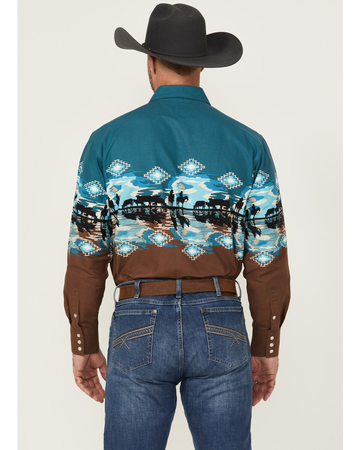 Panhandle Men's Cowboys Southwestern Print Border Long Sleeve Snap Western Shirt