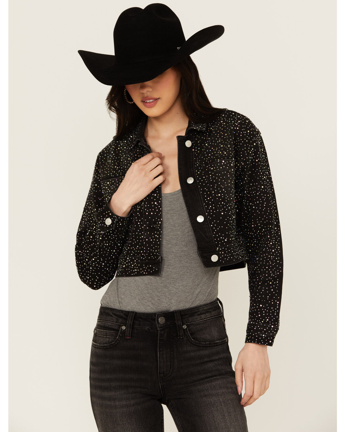 Vibrant Denim Women's Rhinestone Cropped Denim Jacket