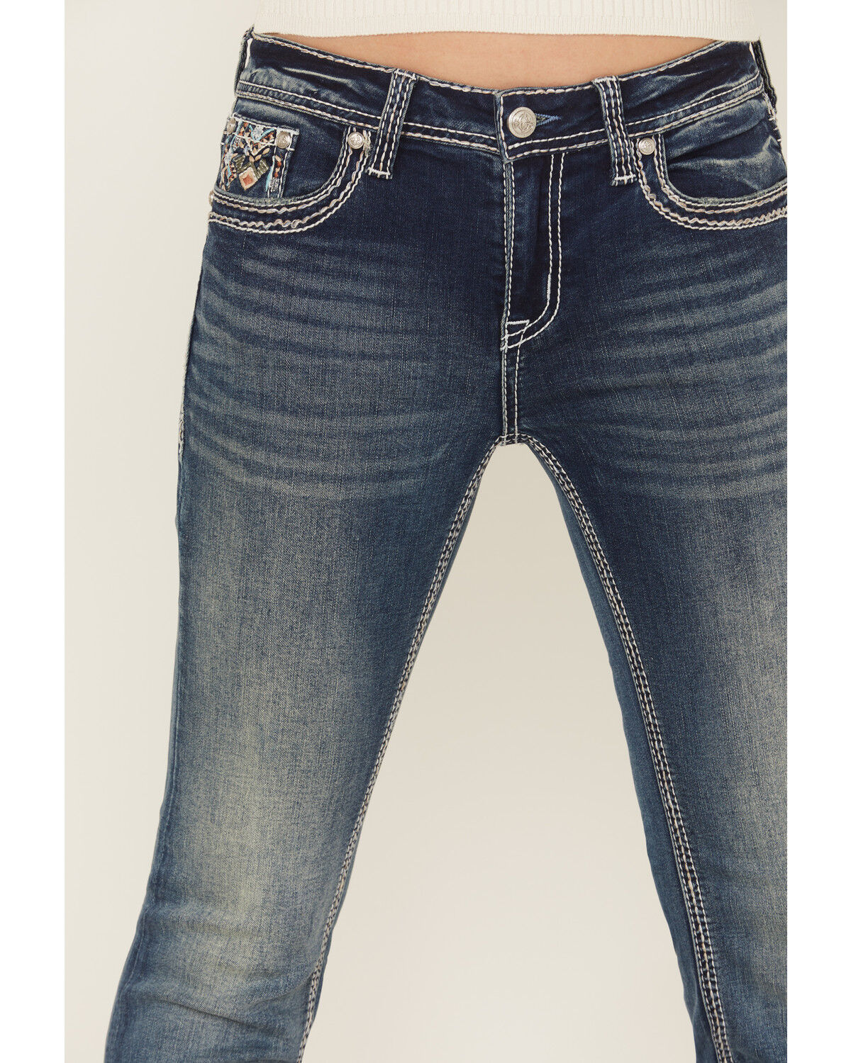 Grace in LA Women's Medium Wash Geo Print Embroidered Bootcut Stretch Denim Jeans