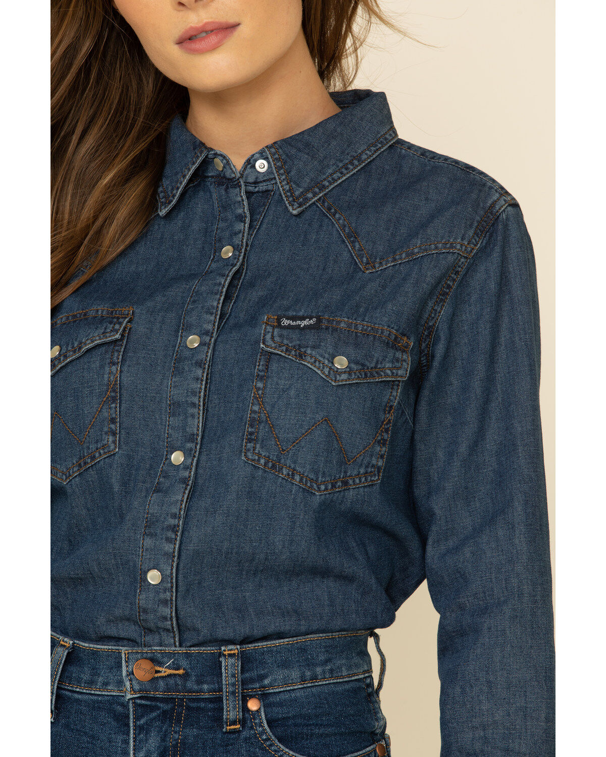Wrangler Women's Dark Wash Long Sleeve Pearl Snap Denim Western Shirt