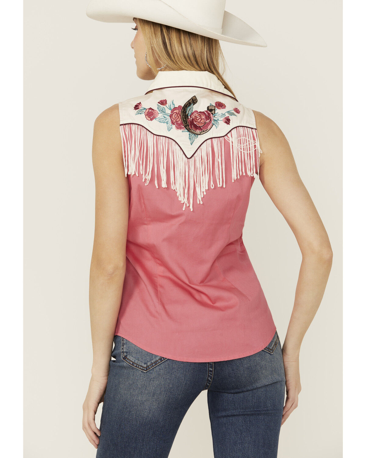 Rock & Roll Denim Women's Horseshoe Floral Fringe Sleeveless Snap Western Shirt