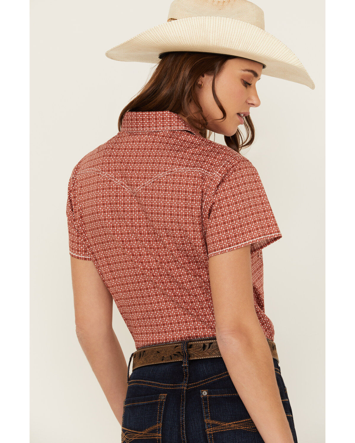 Rough Stock by Panhandle Women's Micro Geo Print Short Sleeve Pearl Snap Stretch Western Shirt