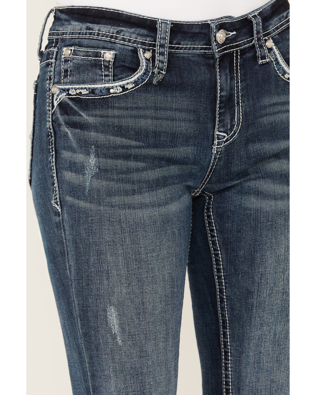 Grace In LA Women's Medium Wash Paisley Cross Pocket Bootcut Stretch Denim Jeans