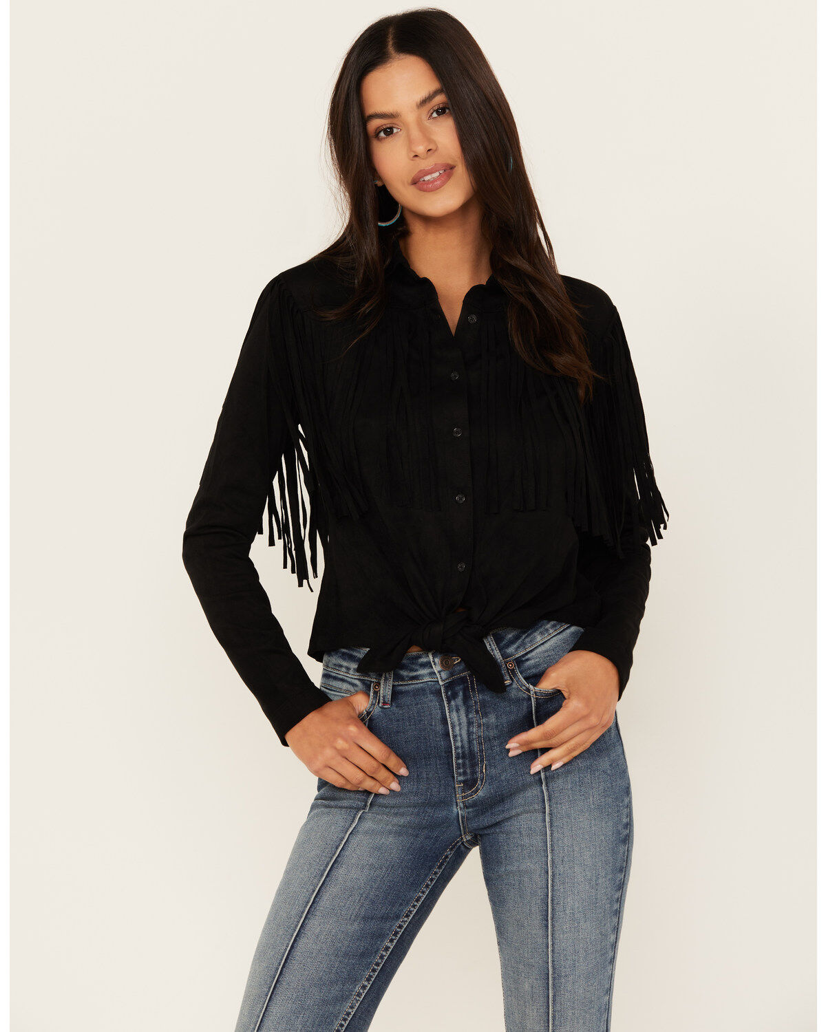Idyllwind Women's Fate Tie Front Faux Suede Fringe Top