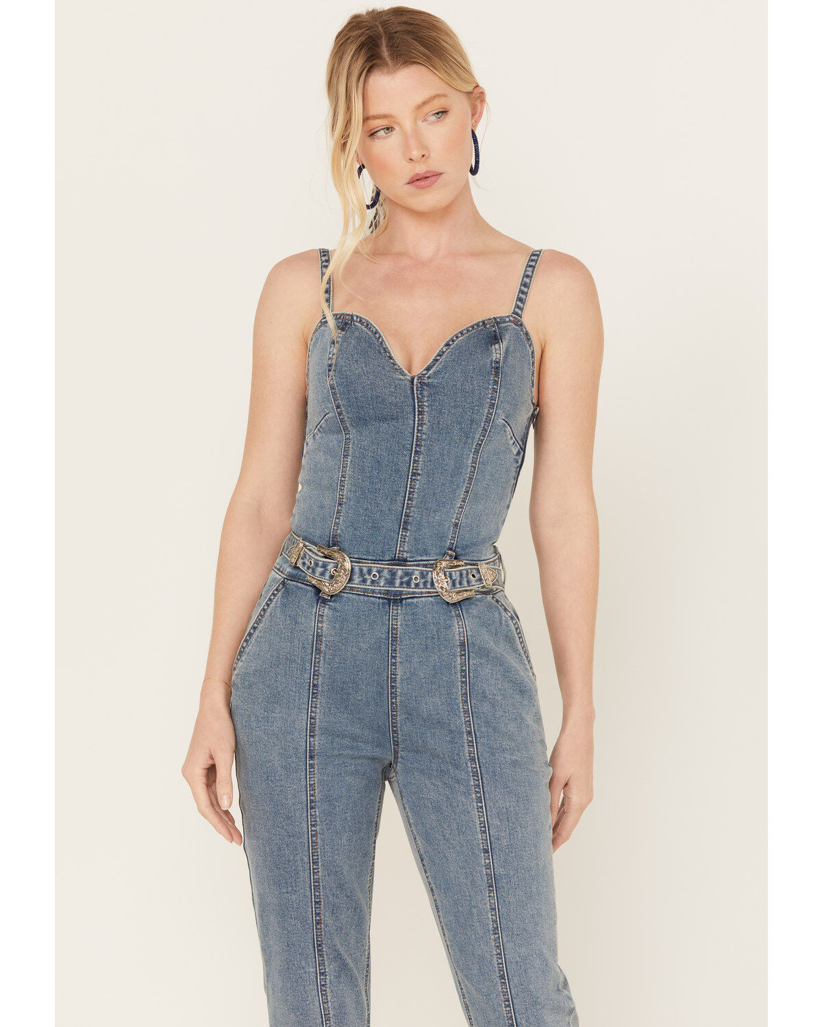Rock & Roll Denim Women's Medium Wash Straight Leg Stretch Jumpsuit