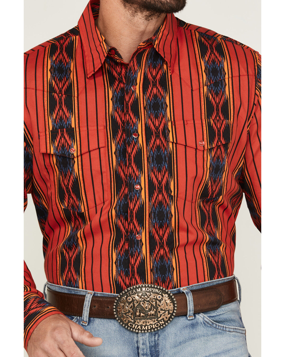 Wrangler Men's Checotah Southwestern Striped Print Long Sleeve Pearl Snap Western Shirt - Tall