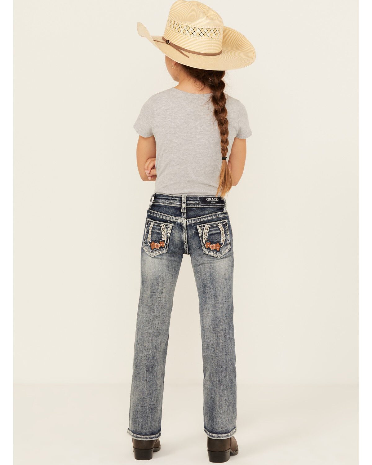 Grace in LA Little Girls' Light Wash Horseshoe Floral Bootcut Denim Jeans
