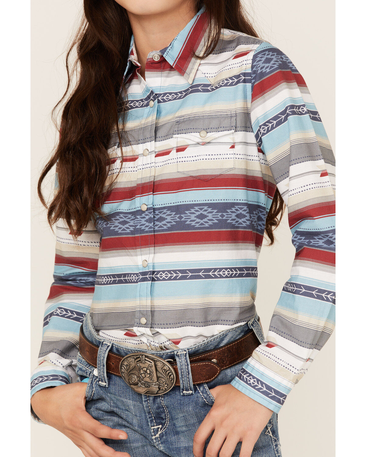 Roper Girls' West Made Southwestern Stripe Print Long Sleeve Western Snap Shirt