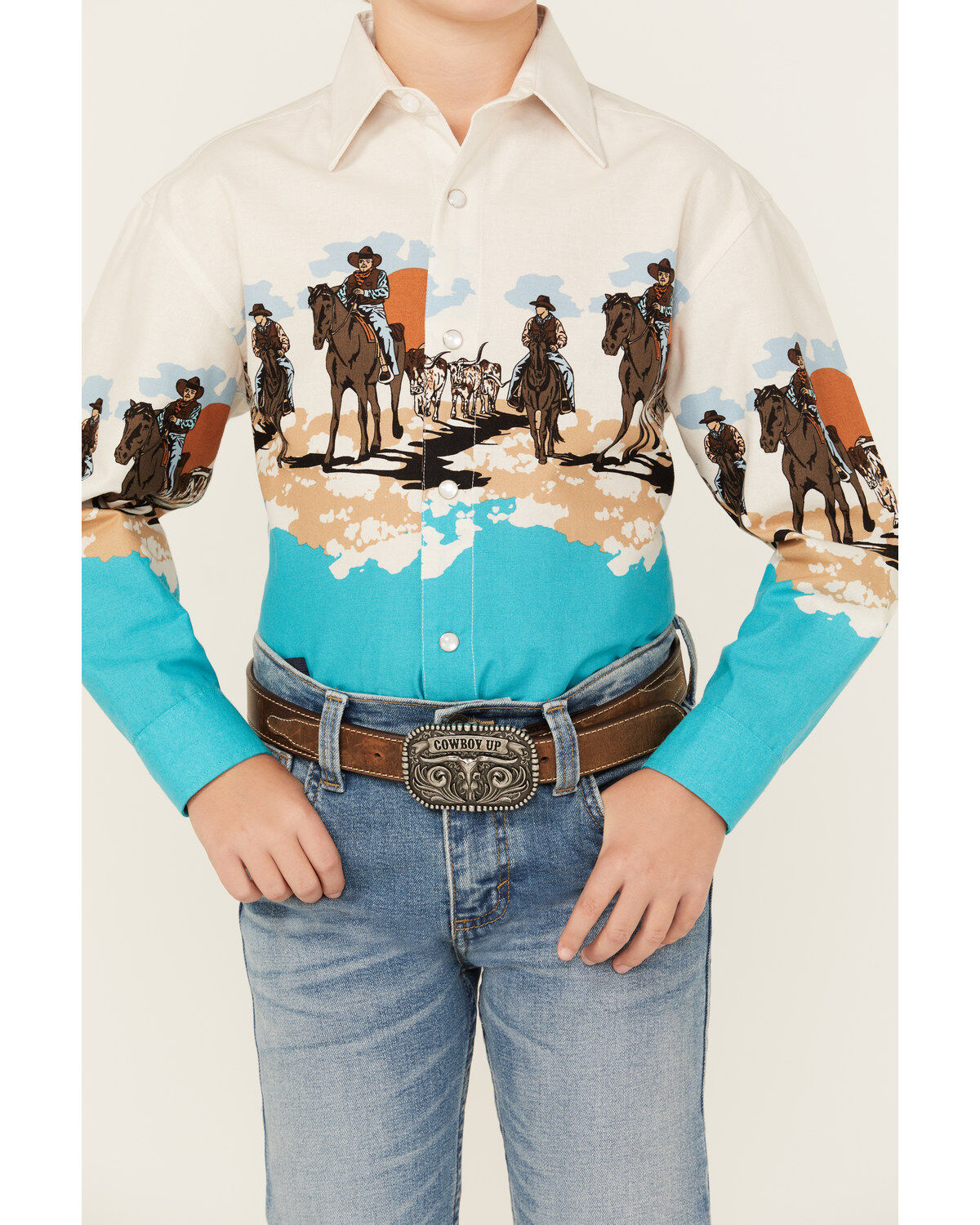 Panhandle Boys' Running Horse Border Print Long Sleeve Pearl Snap Western Shirt