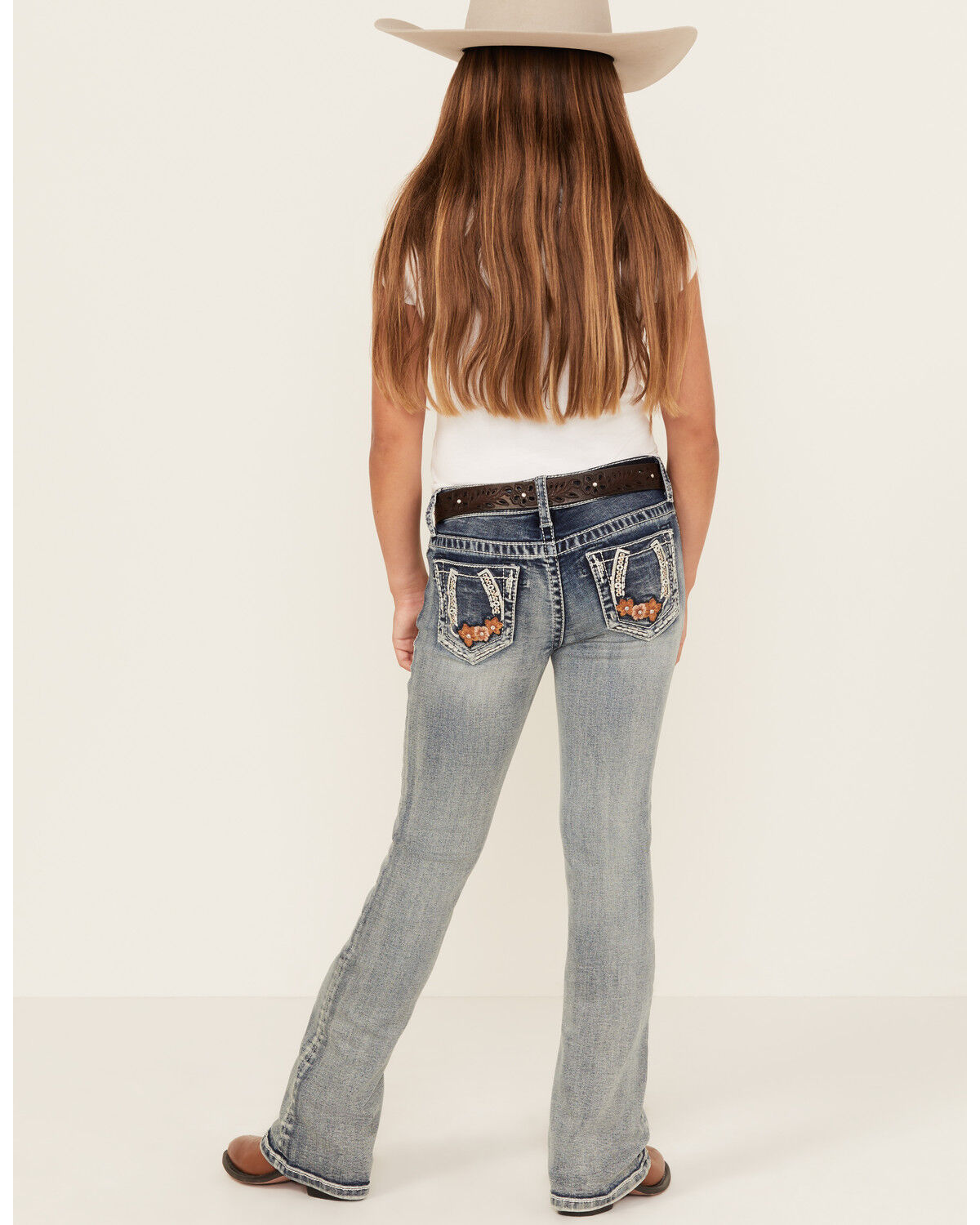 Grace in LA Girls' Light Wash Horseshoe Floral Bootcut Denim Jeans