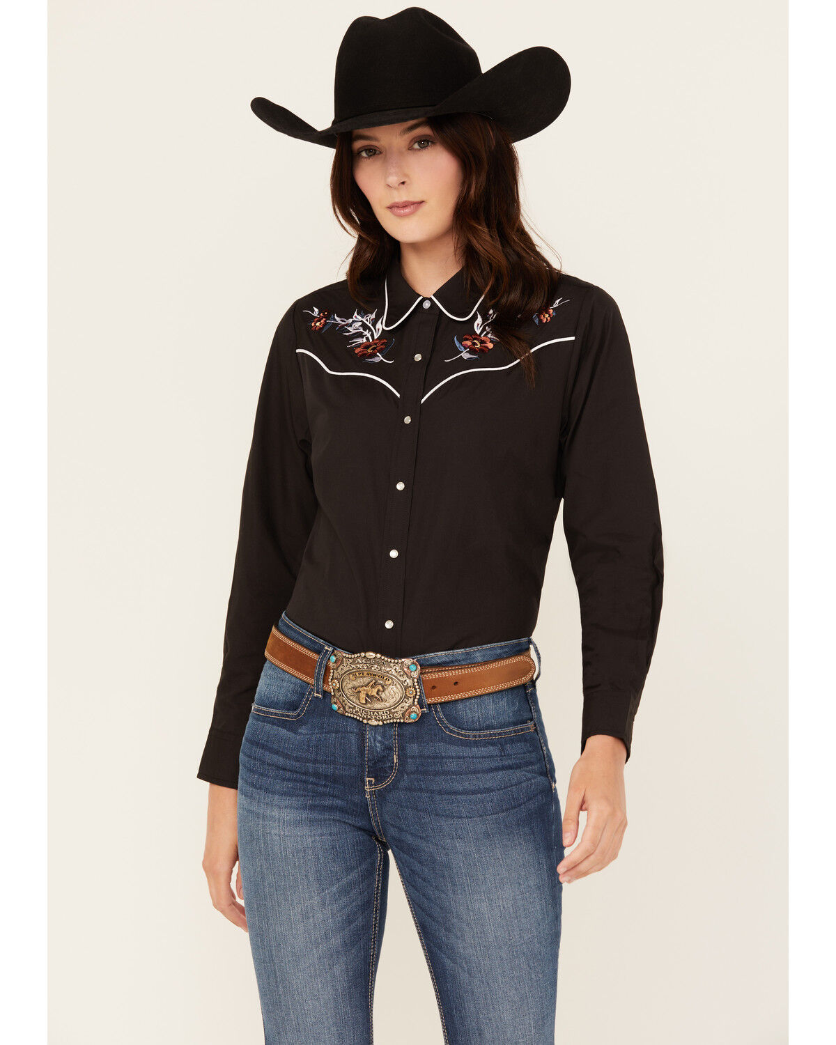 Ely Walker Women's Floral Embroidered Long Sleeve Snap Western Shirt