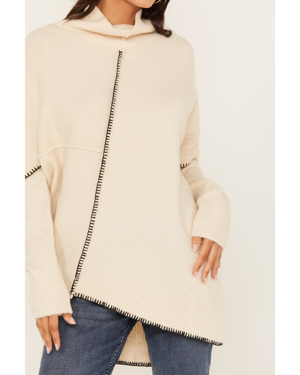 Revel Women's Asymmetrical Contrast Stitch Turtleneck Sweater