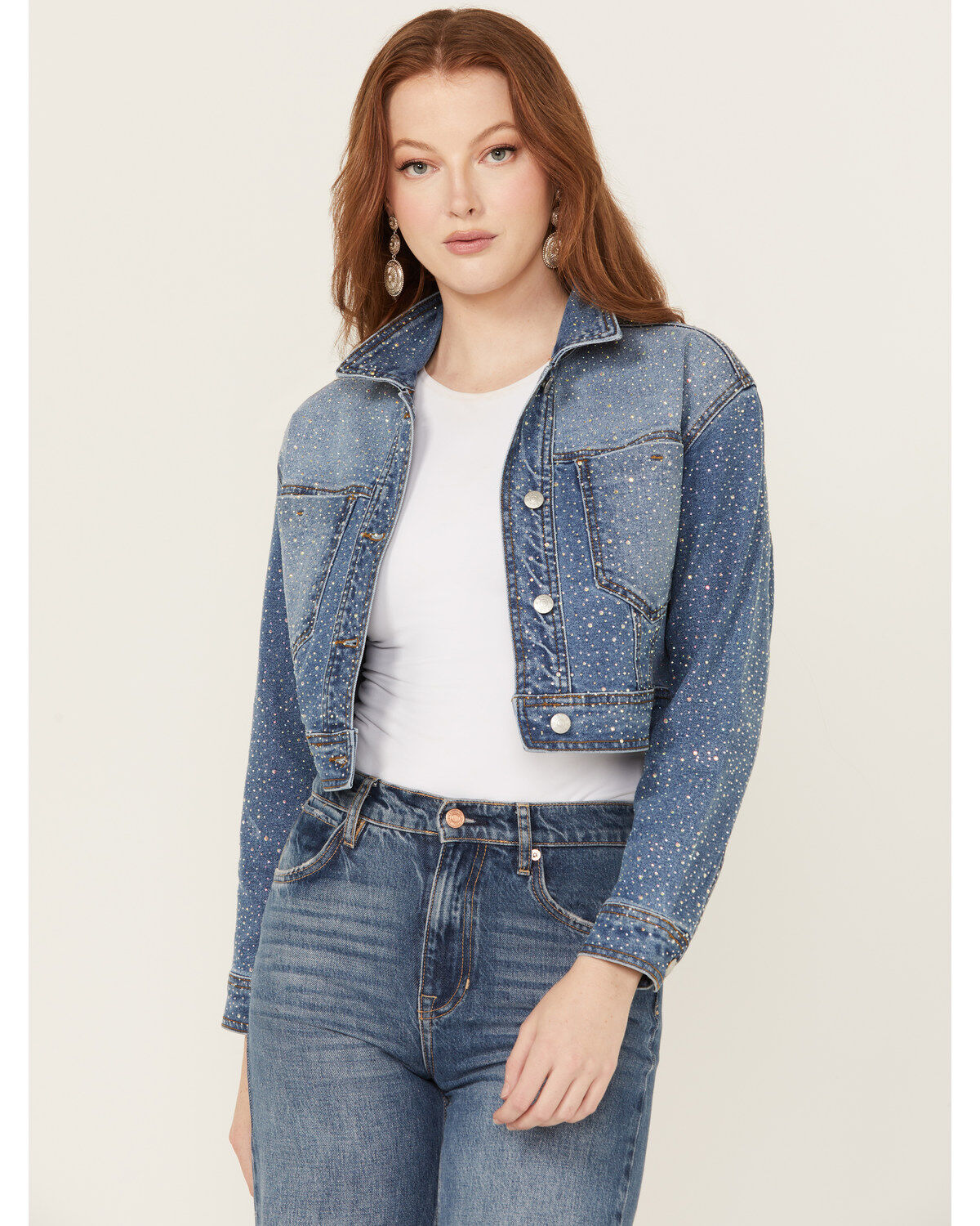 Vibrant Denim Women's Rhinestone Embellished Cropped Denim Jacket