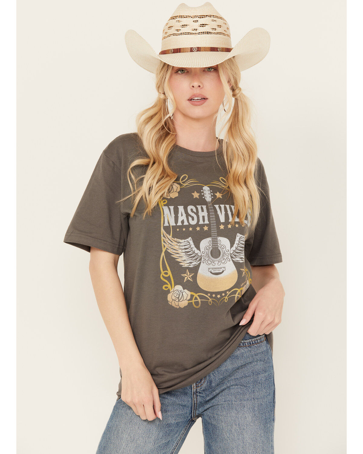 Bohemian Cowgirl Women's Nashville Guitar and Roses Short Sleeve Graphic Tee
