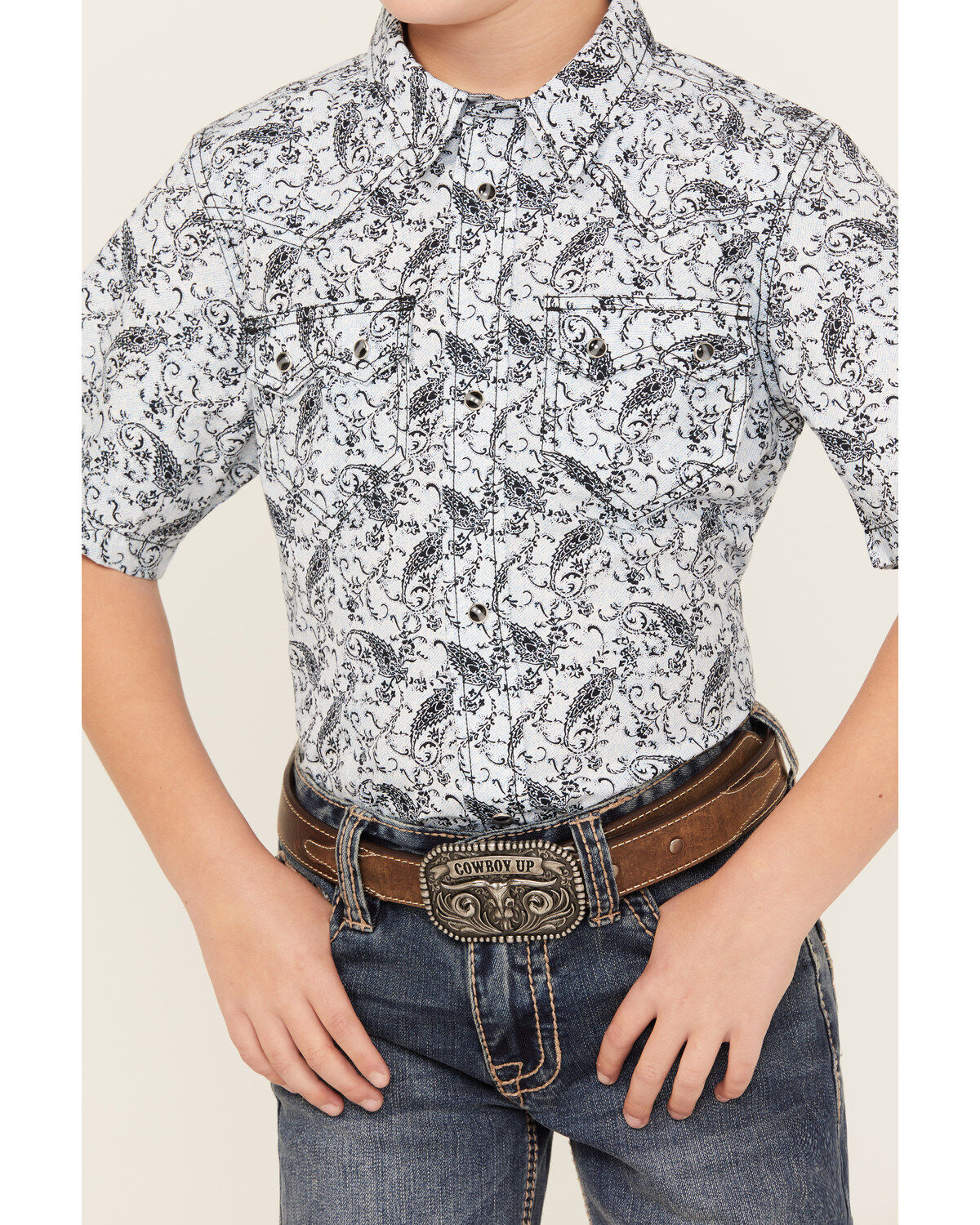 Cody James Boys' Paisley Print Short Sleeve Snap Western Shirt