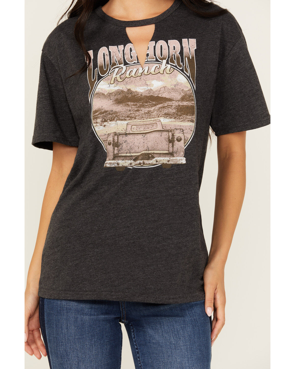 Youth in Revolt Women's Cutout Neck Long Horn Ranch Graphic Tee