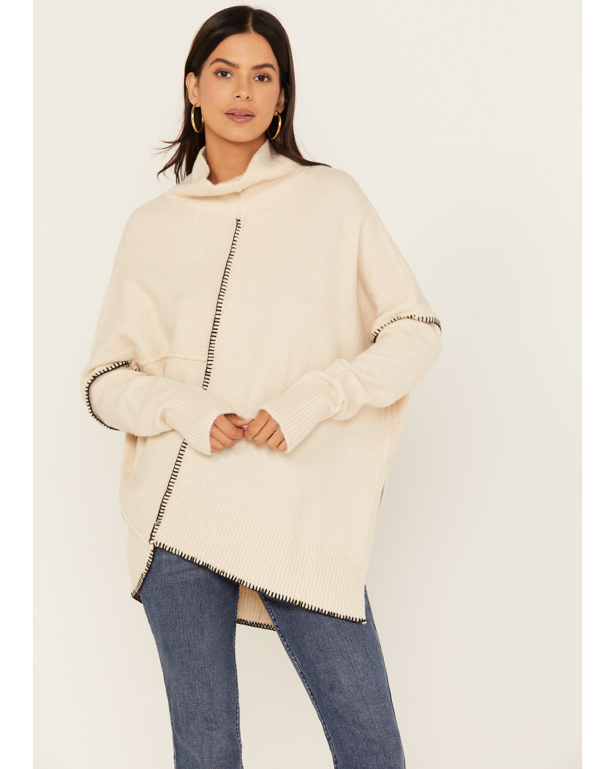 Revel Women's Asymmetrical Contrast Stitch Turtleneck Sweater