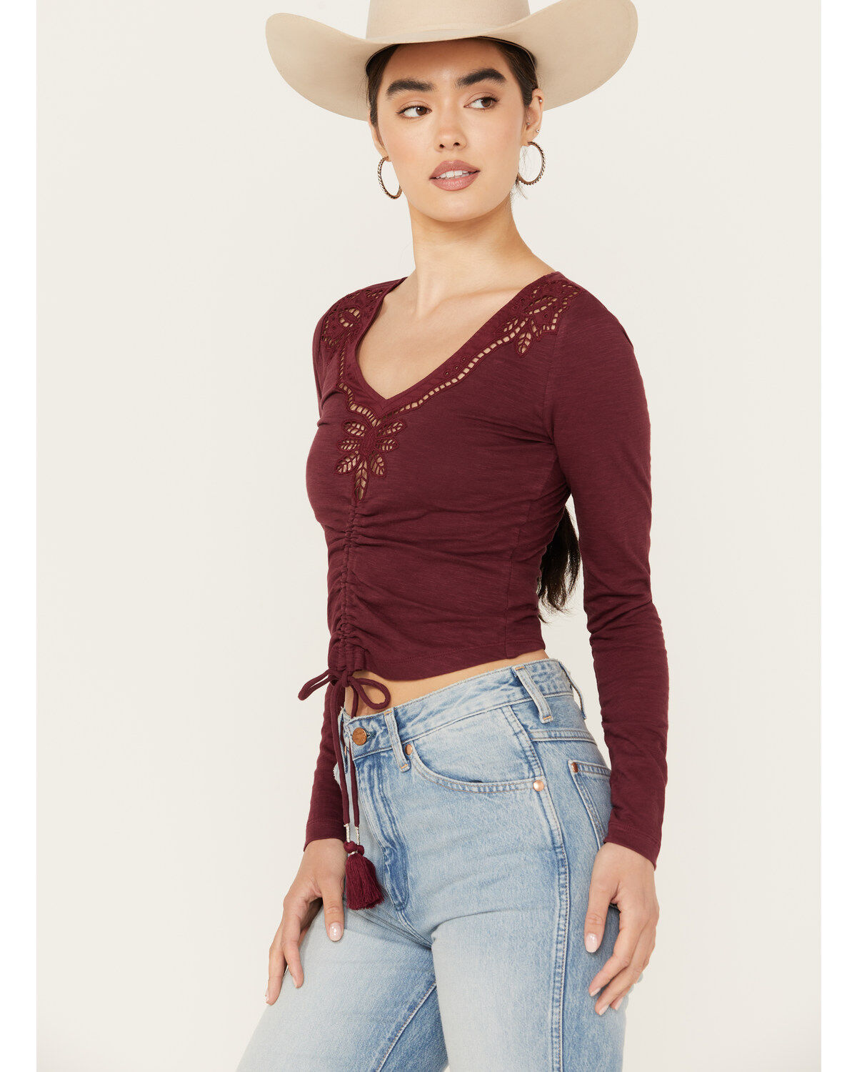 Shyanne Women's Long Sleeve Cutwork Front Tie Top