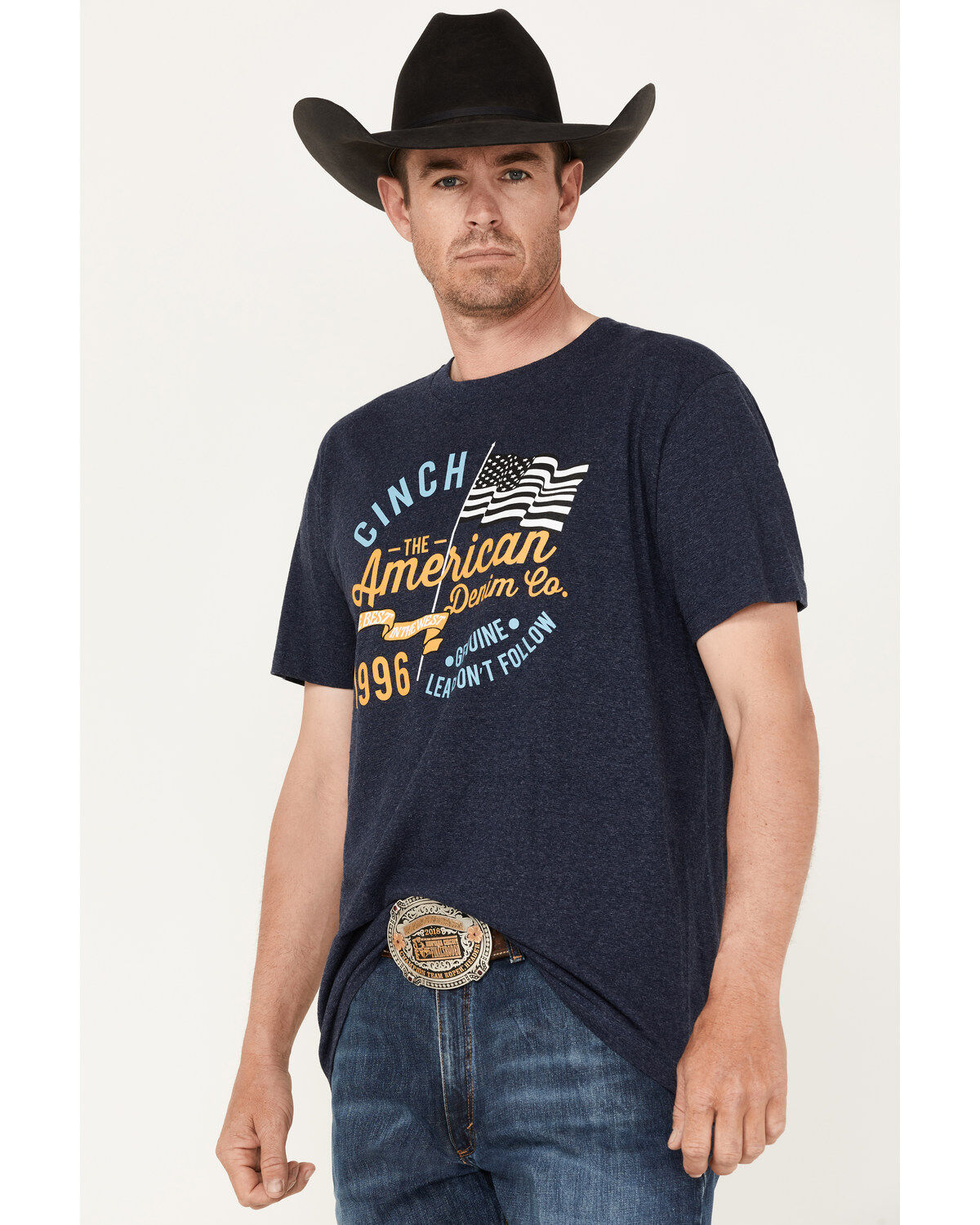 Cinch Men's American Heather Navy Logo Flag Graphic Short Sleeve T-Shirt