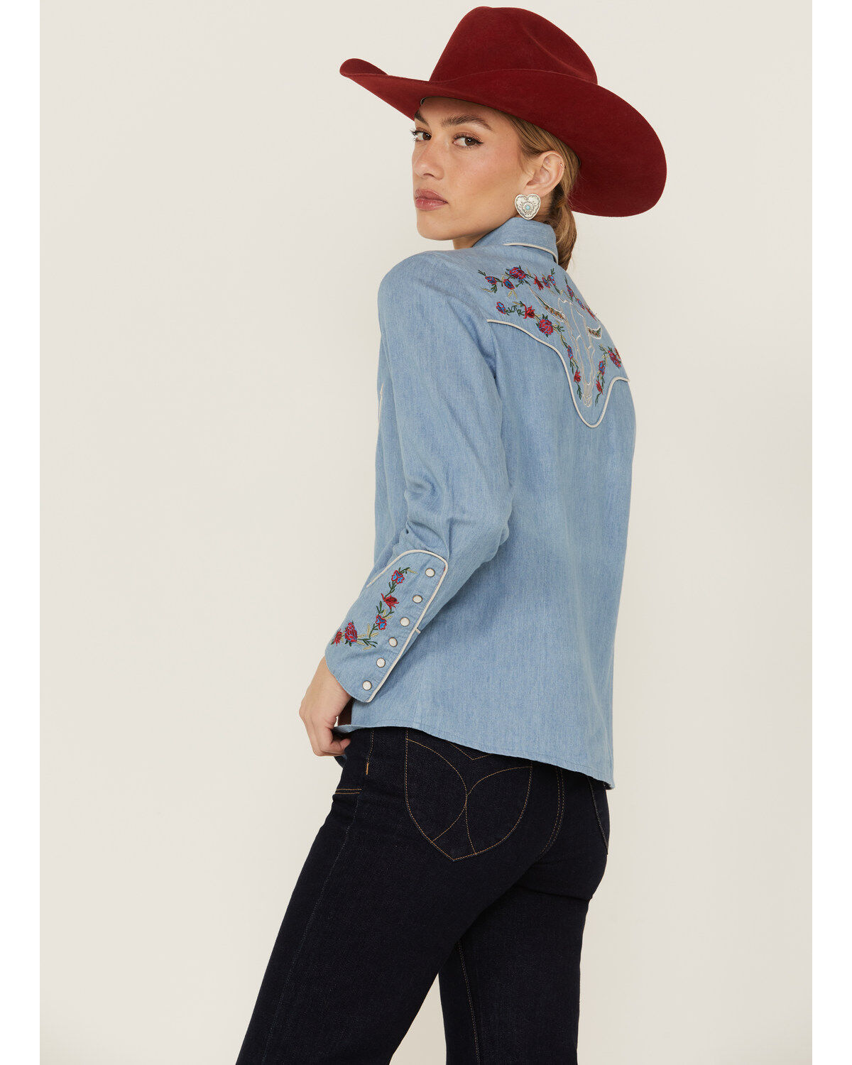 Scully Women's Chambray Floral Embroidered Yoke Pearl Snap Western Shirt