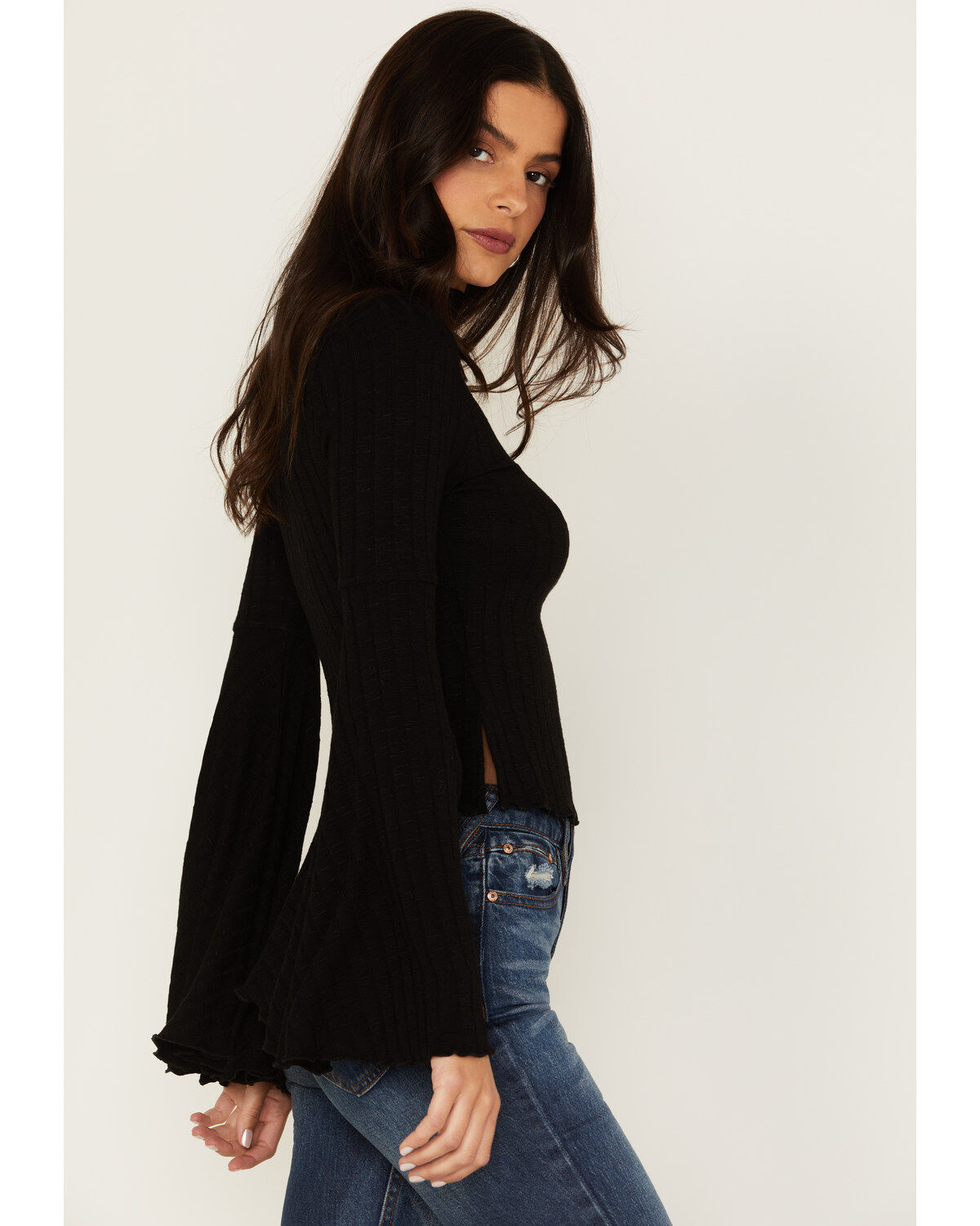 Shyanne Women's Rib Knit Mock Neck Bell Sleeve Top
