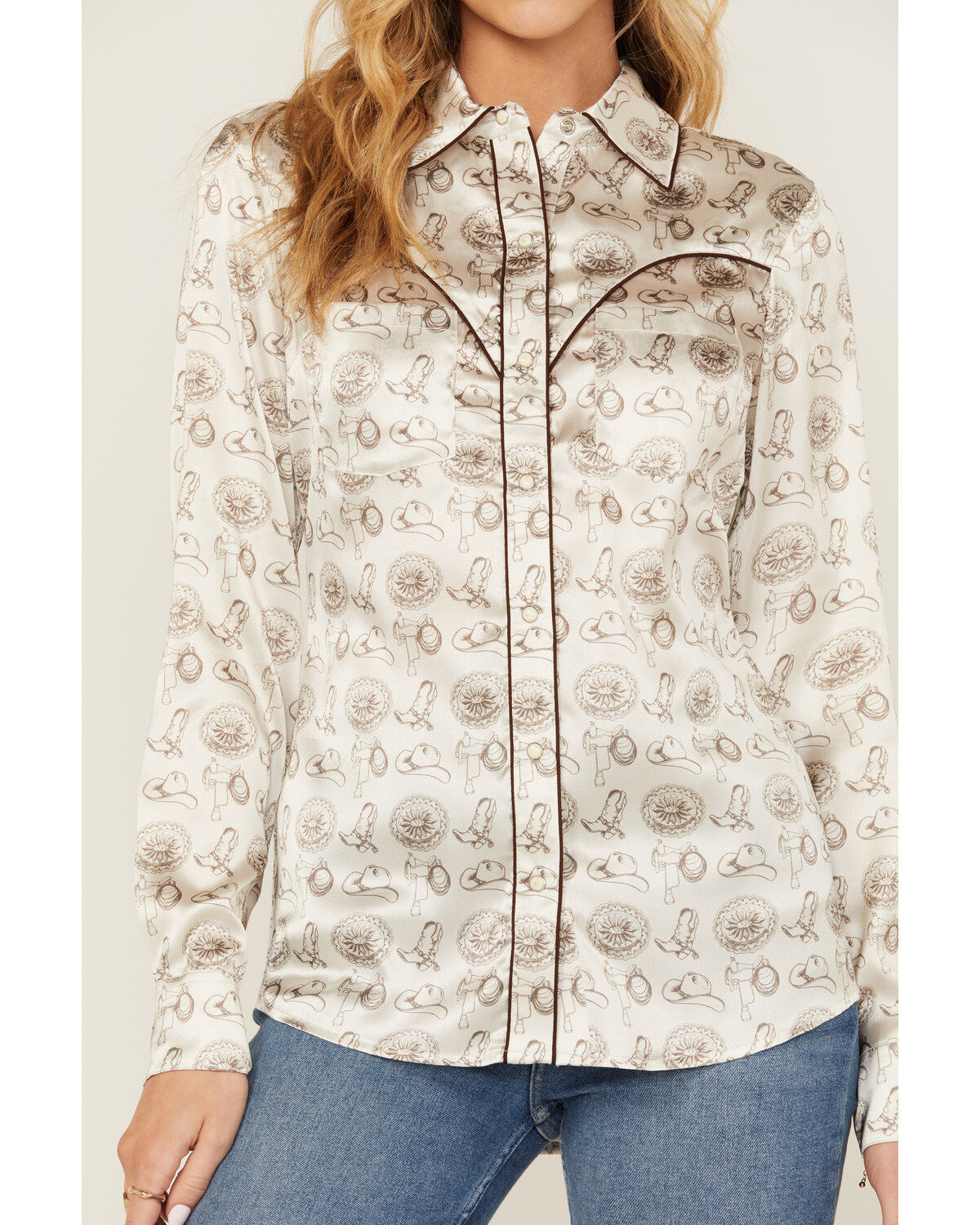 Rock & Roll Denim Women's Conversational Print Long Sleeve Fringe Snap Western Shirt