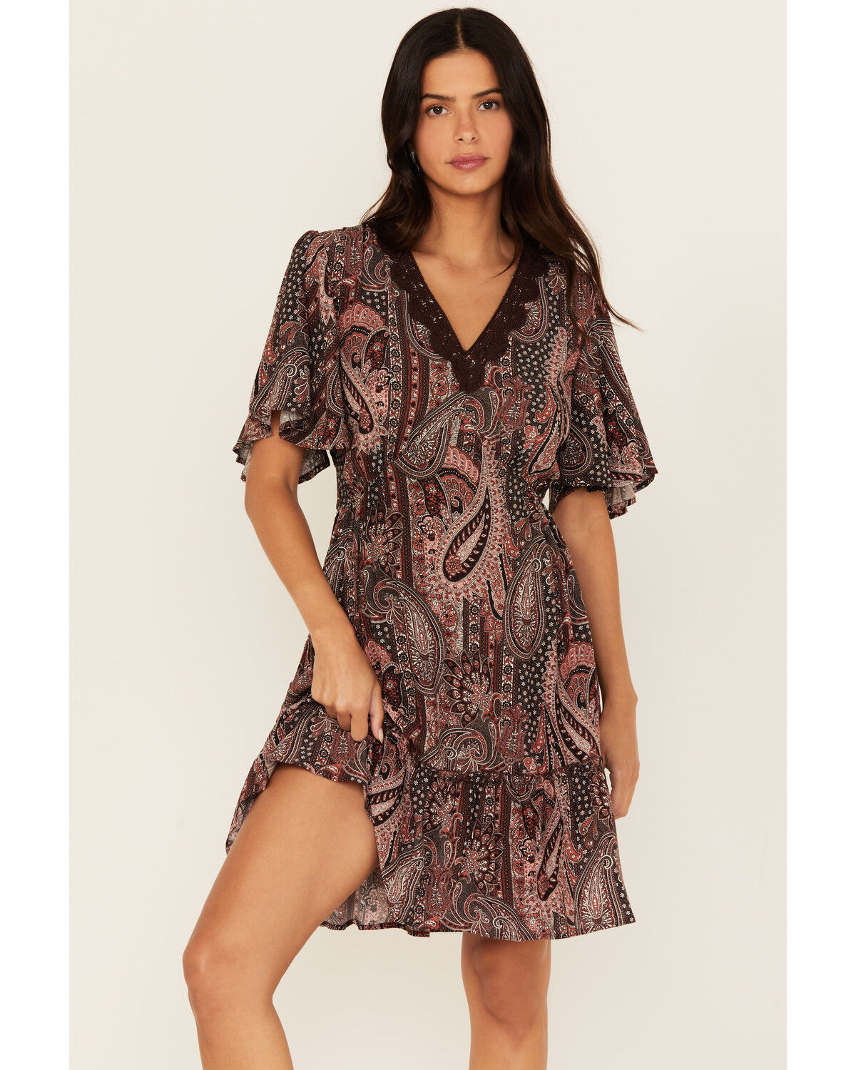 Shyanne Women's Crochet Trim Printed Short Sleeve Mini Dress
