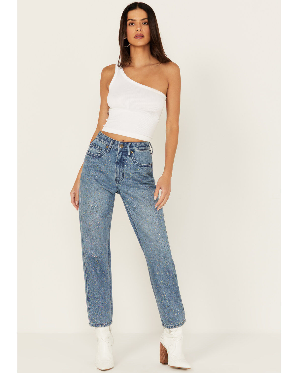 Rock & Roll Denim Women's Medium Wash High Rise Rhinestone Cropped Straight Jeans