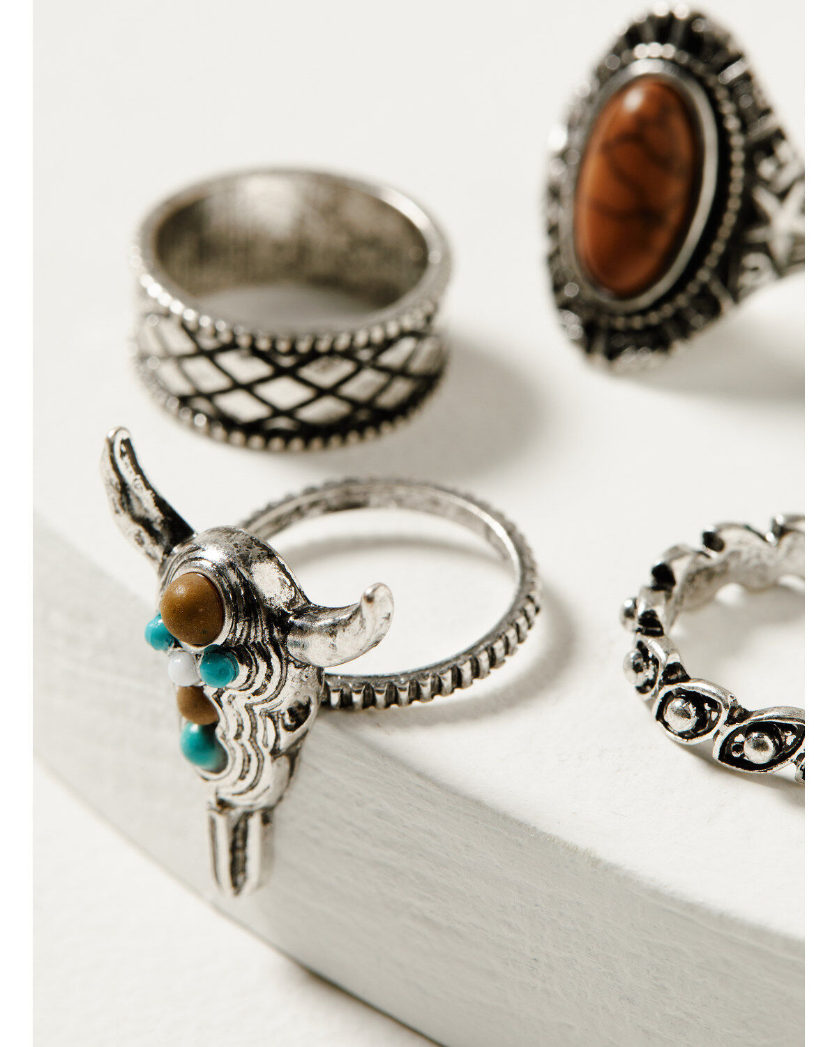 Shyanne Women's 5-Piece Silver Longhorn & Turquoise Beaded Ring Set