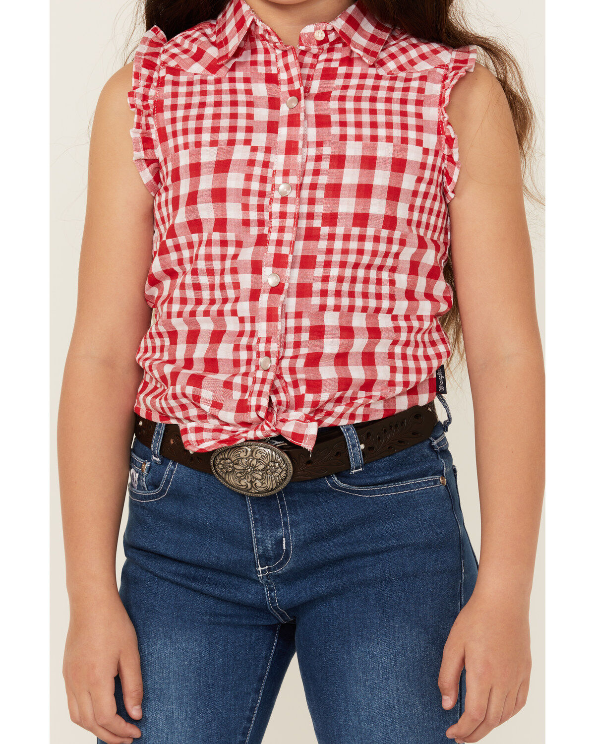 Wrangler Girls' Plaid Print Tie Front Sleeveless Snap Western Shirt